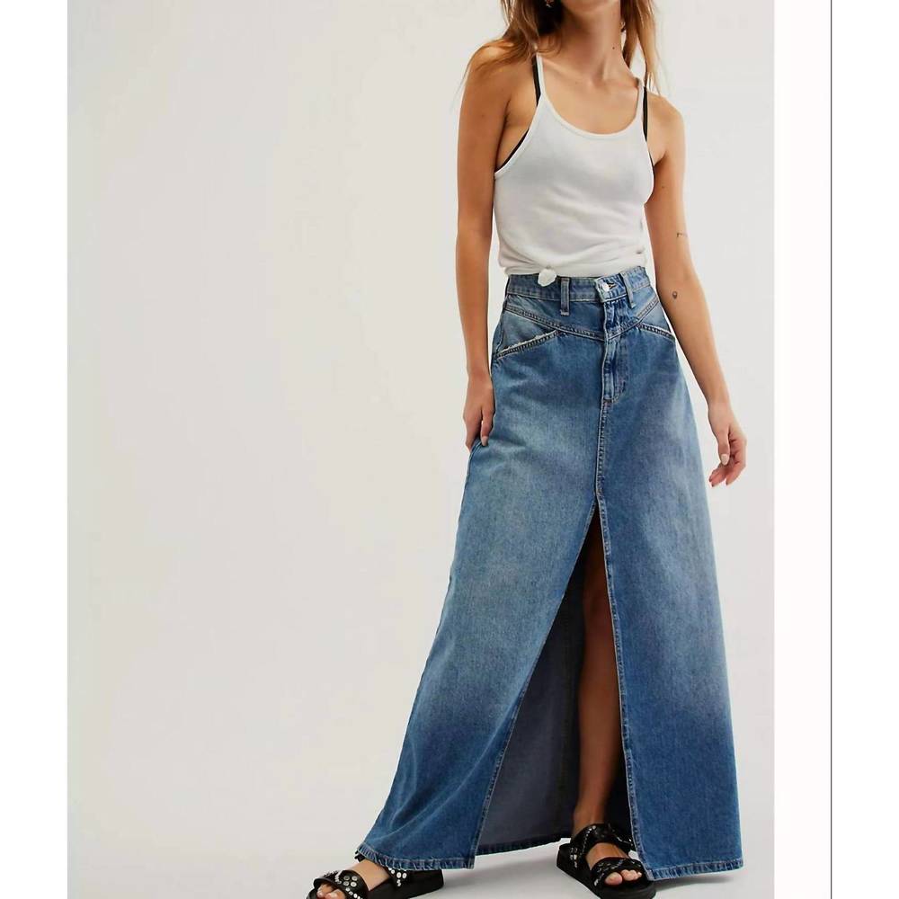 NEW FREE PEOPLE we the free come as you are denim maxi skirt in sapphire blue